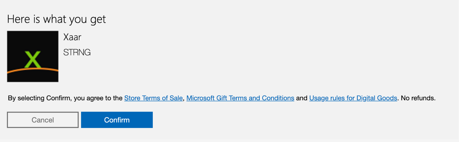 Microsoft's redeem page saying "Here is what you get: Xaar" with a Confirm button