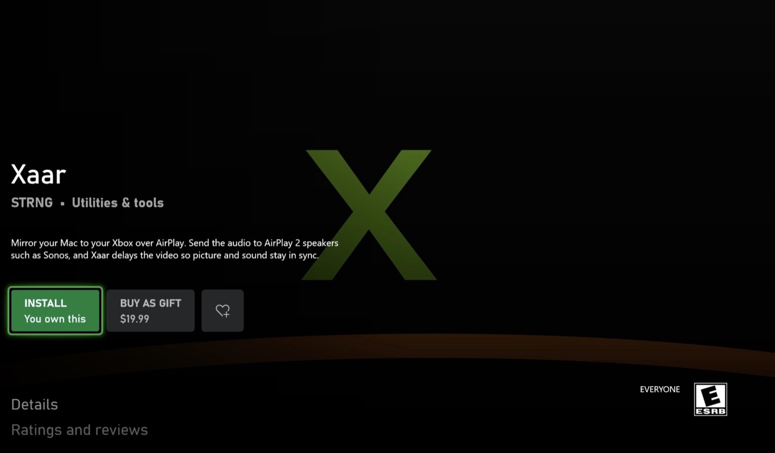 The Xaar listing in the Xbox Store with an Install button reading You own this