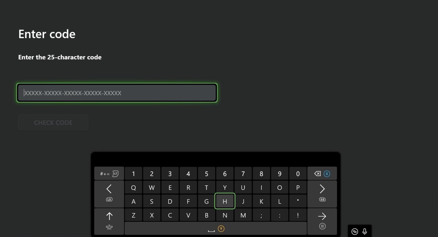 The Enter code screen on an Xbox with an empty 25-character code field