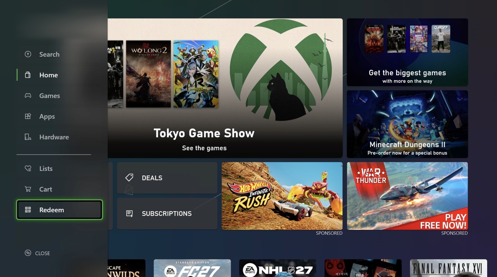 The Xbox Store menu with Redeem highlighted